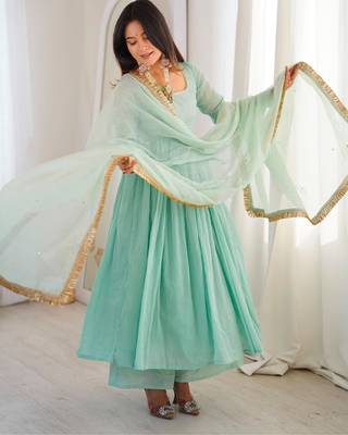 Turquoise faux georgette embroidered palazzo set 2