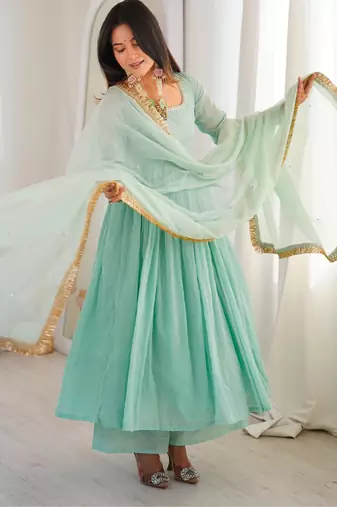 Turquoise faux georgette embroidered palazzo set