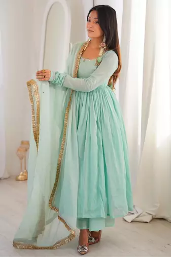 Turquoise faux georgette embroidered palazzo set