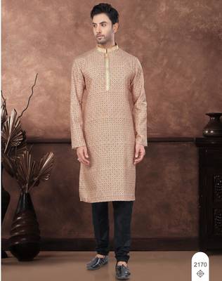 Beige digital printed jackard thread work kurta pajama set 1
