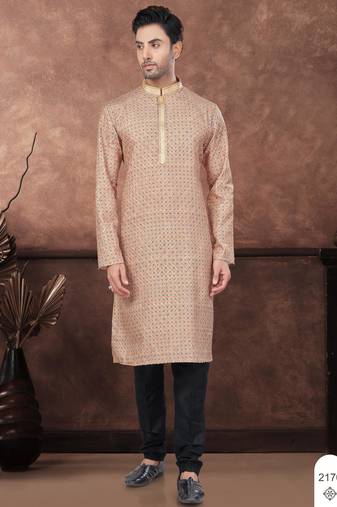 Beige digital printed jackard thread work kurta pajama set