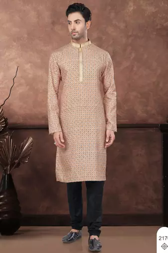Beige digital printed jackard thread work kurta pajama set