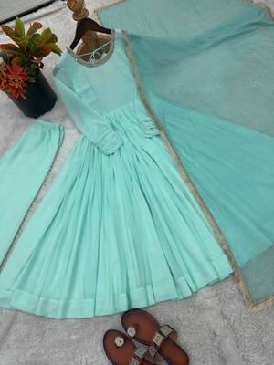 Turquoise faux georgette embroidered palazzo set 4