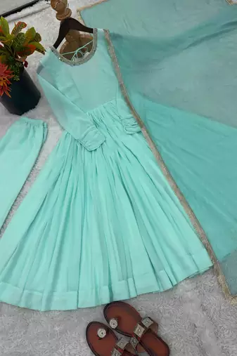 Turquoise faux georgette embroidered palazzo set