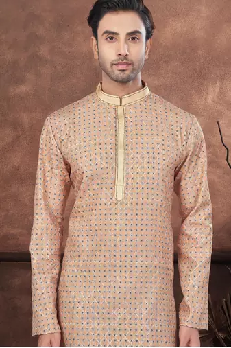 Beige digital printed jackard thread work kurta pajama set