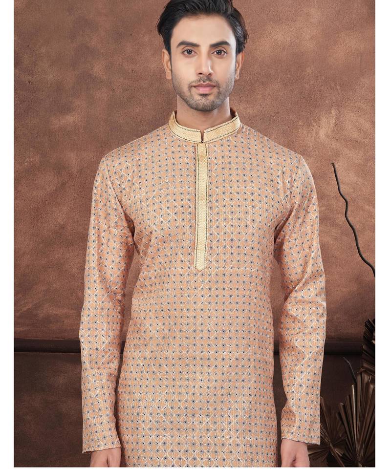 Beige digital printed jackard thread work kurta pajama set