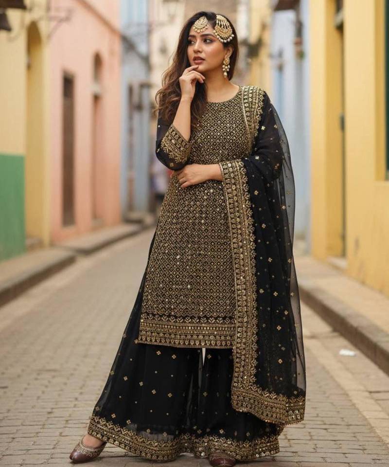 Black georgette embroidered palazzo set