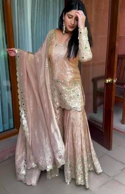 Beige silk blend embroidered sharara set 1