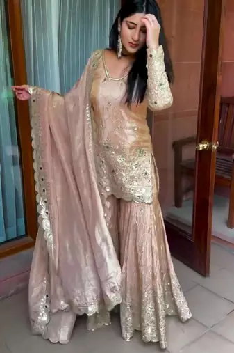 Beige silk blend embroidered sharara set