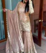 Beige silk blend embroidered sharara set