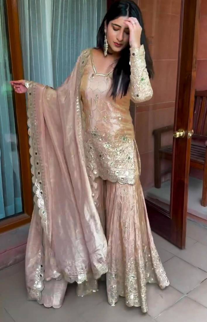 Beige silk blend embroidered sharara set