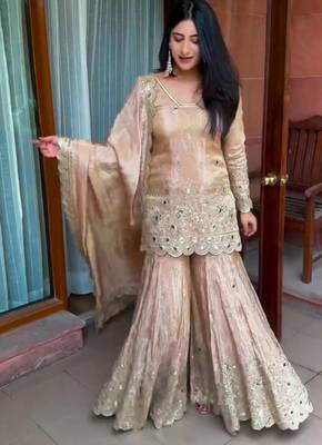 Beige silk blend embroidered sharara set 2