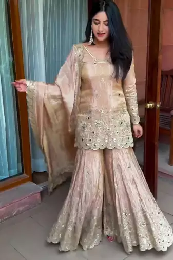 Beige silk blend embroidered sharara set