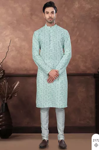 Green & multicolor digital printed full embroidery chikankari thread work kurta pajama set
