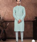 Green & multicolor digital printed full embroidery chikankari thread work kurta pajama set