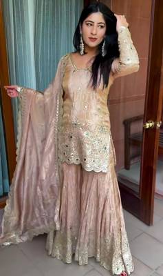 Beige silk blend embroidered sharara set 3