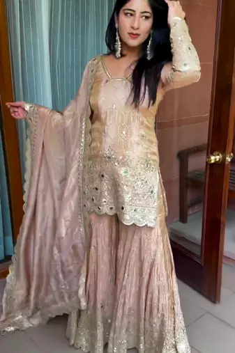 Beige silk blend embroidered sharara set