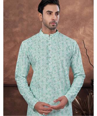 Green & multicolor digital printed full embroidery chikankari thread work kurta pajama set 2