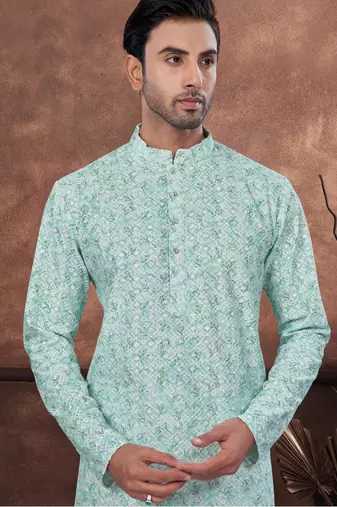 Green & multicolor digital printed full embroidery chikankari thread work kurta pajama set