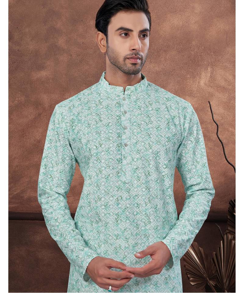 Green & multicolor digital printed full embroidery chikankari thread work kurta pajama set