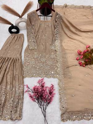 Beige silk blend embroidered sharara set 4