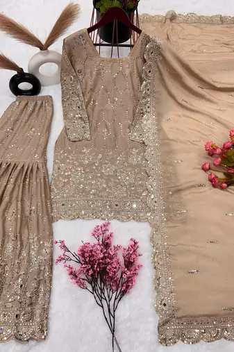 Beige silk blend embroidered sharara set