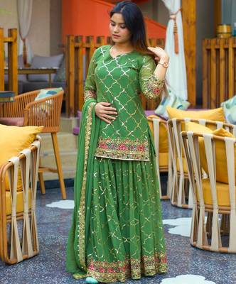 Green silk blend embroidered palazzo set 1