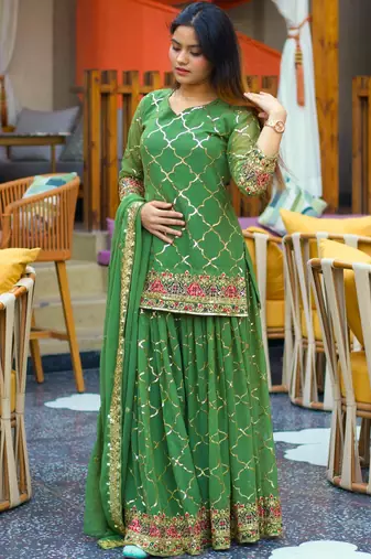 Green silk blend embroidered palazzo set