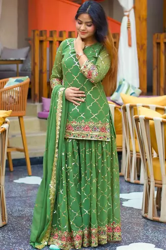 Green silk blend embroidered palazzo set