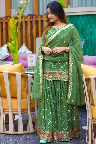 Green silk blend embroidered palazzo set