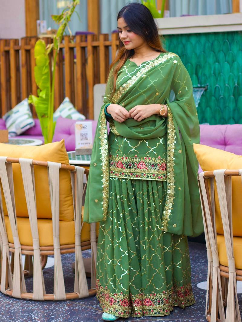 Green silk blend embroidered palazzo set