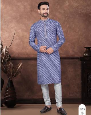 Blue & multicolor digital printed full embroidery chikankari thread work kurta pajama set 1