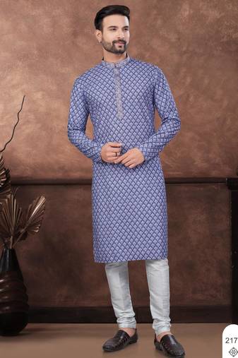Blue & multicolor digital printed full embroidery chikankari thread work kurta pajama set