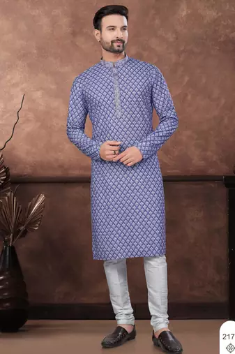 Blue & multicolor digital printed full embroidery chikankari thread work kurta pajama set