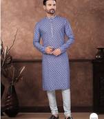 Blue & multicolor digital printed full embroidery chikankari thread work kurta pajama set