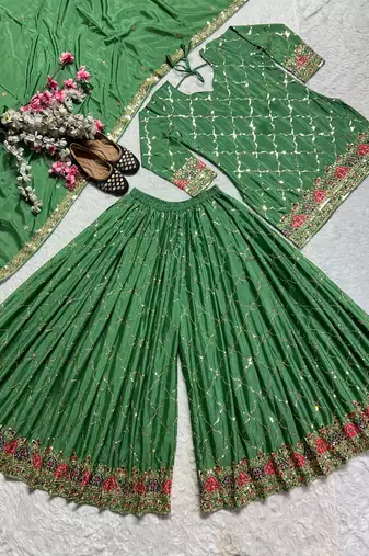 Green silk blend embroidered palazzo set