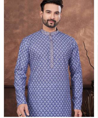 Blue & multicolor digital printed full embroidery chikankari thread work kurta pajama set 2