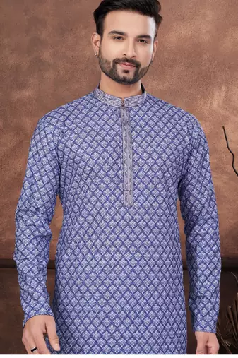 Blue & multicolor digital printed full embroidery chikankari thread work kurta pajama set