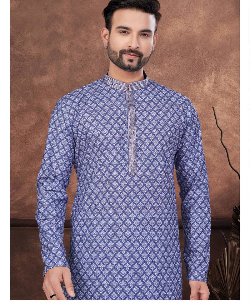 Blue & multicolor digital printed full embroidery chikankari thread work kurta pajama set