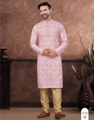 Pink & multicolor digital printed full embroidery chikankari thread work kurta pajama set 1