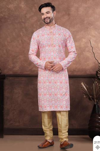 Pink & multicolor digital printed full embroidery chikankari thread work kurta pajama set