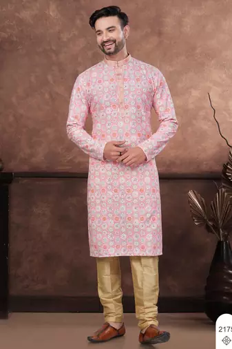 Pink & multicolor digital printed full embroidery chikankari thread work kurta pajama set