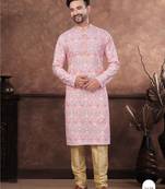 Pink & multicolor digital printed full embroidery chikankari thread work kurta pajama set