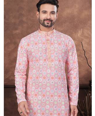 Pink & multicolor digital printed full embroidery chikankari thread work kurta pajama set 2