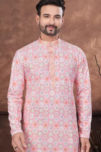 Pink & multicolor digital printed full embroidery chikankari thread work kurta pajama set