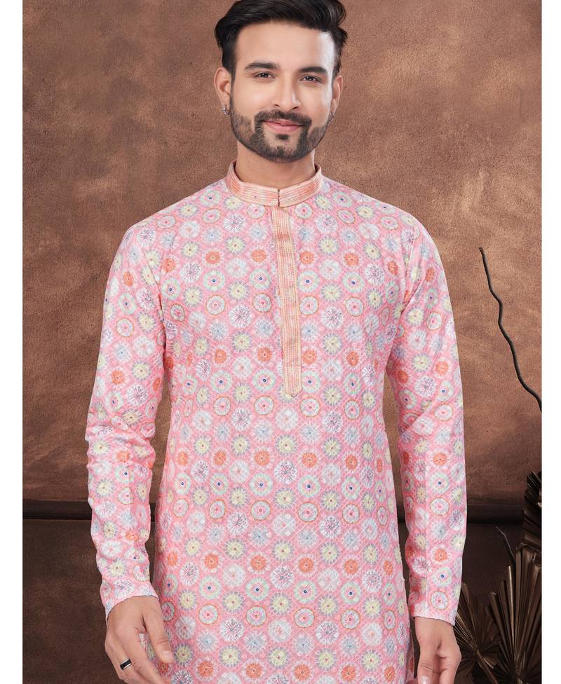Pink & multicolor digital printed full embroidery chikankari thread work kurta pajama set