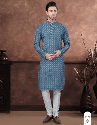 Blue & multicolor digital printed full embroidery chikankari thread work kurta pajama set 1