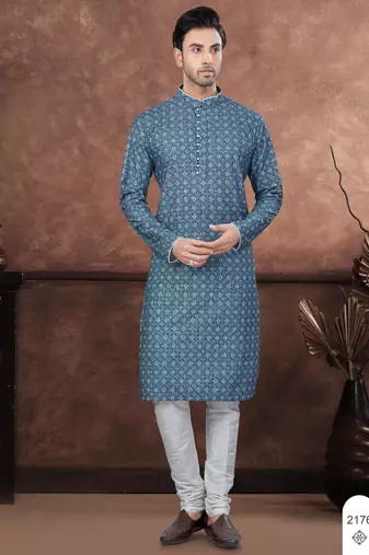 Blue & multicolor digital printed full embroidery chikankari thread work kurta pajama set