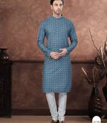 Blue & multicolor digital printed full embroidery chikankari thread work kurta pajama set