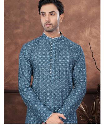 Blue & multicolor digital printed full embroidery chikankari thread work kurta pajama set 2
